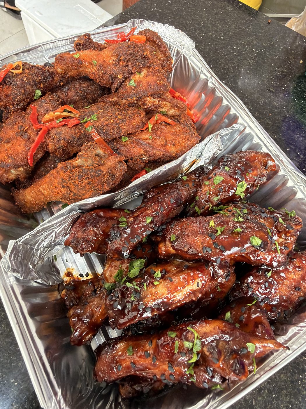 DaChef spiced chicken wings and BBQ wings on a party tray