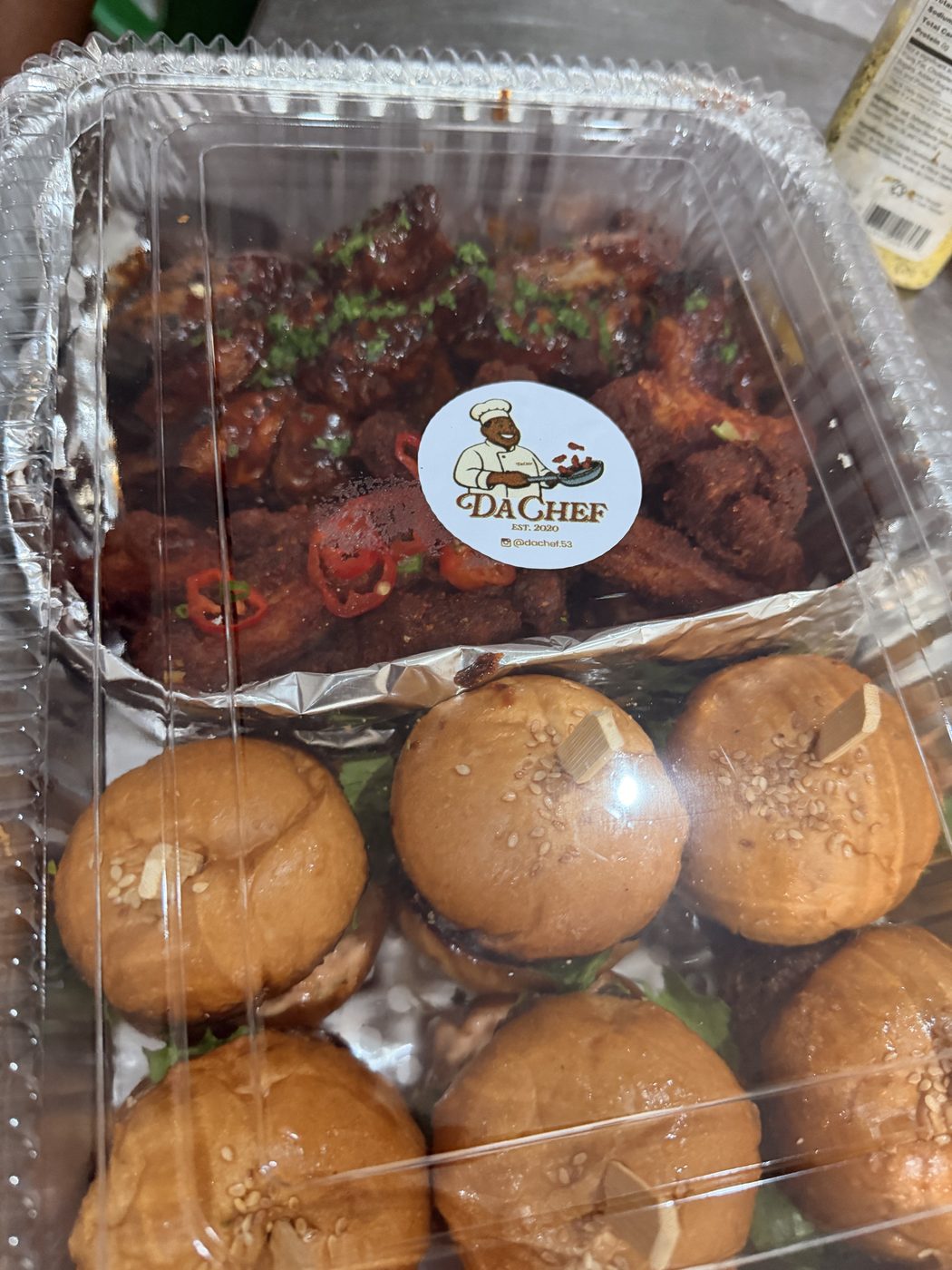DaChef branded party tray with wings and sliders