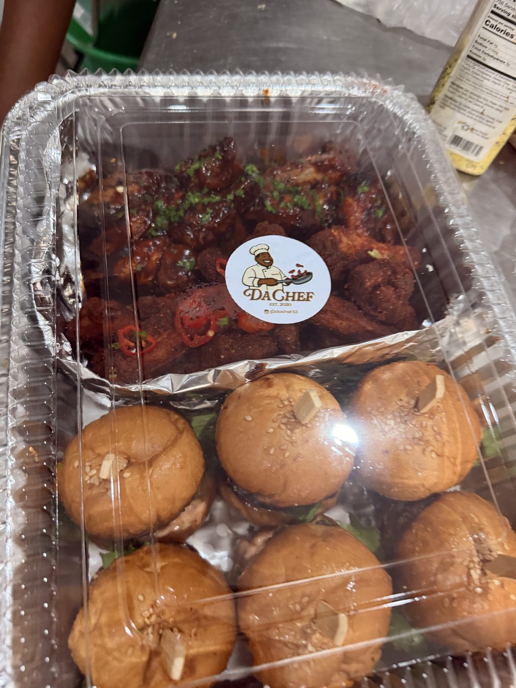 DaChef party tray with BBQ wings and sliders