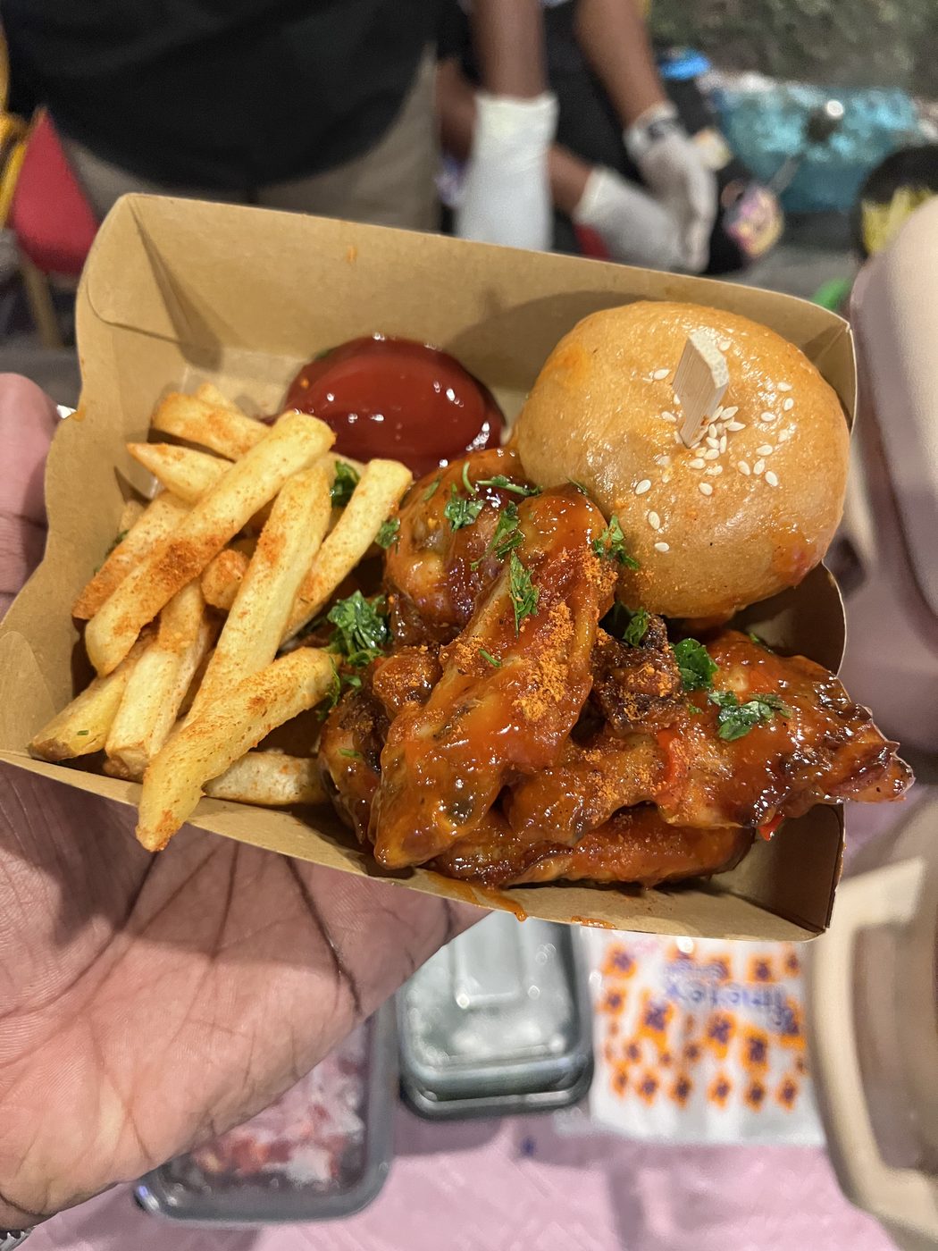 DaChef wings, burger and fries in a DaChef box