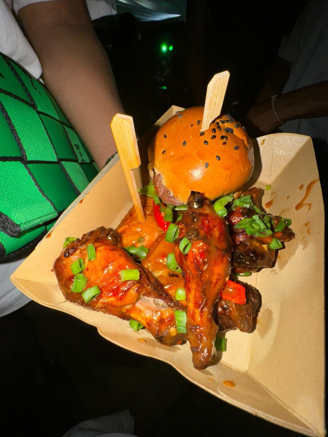 DaChef glazed chicken wings and burger at a pop-up event